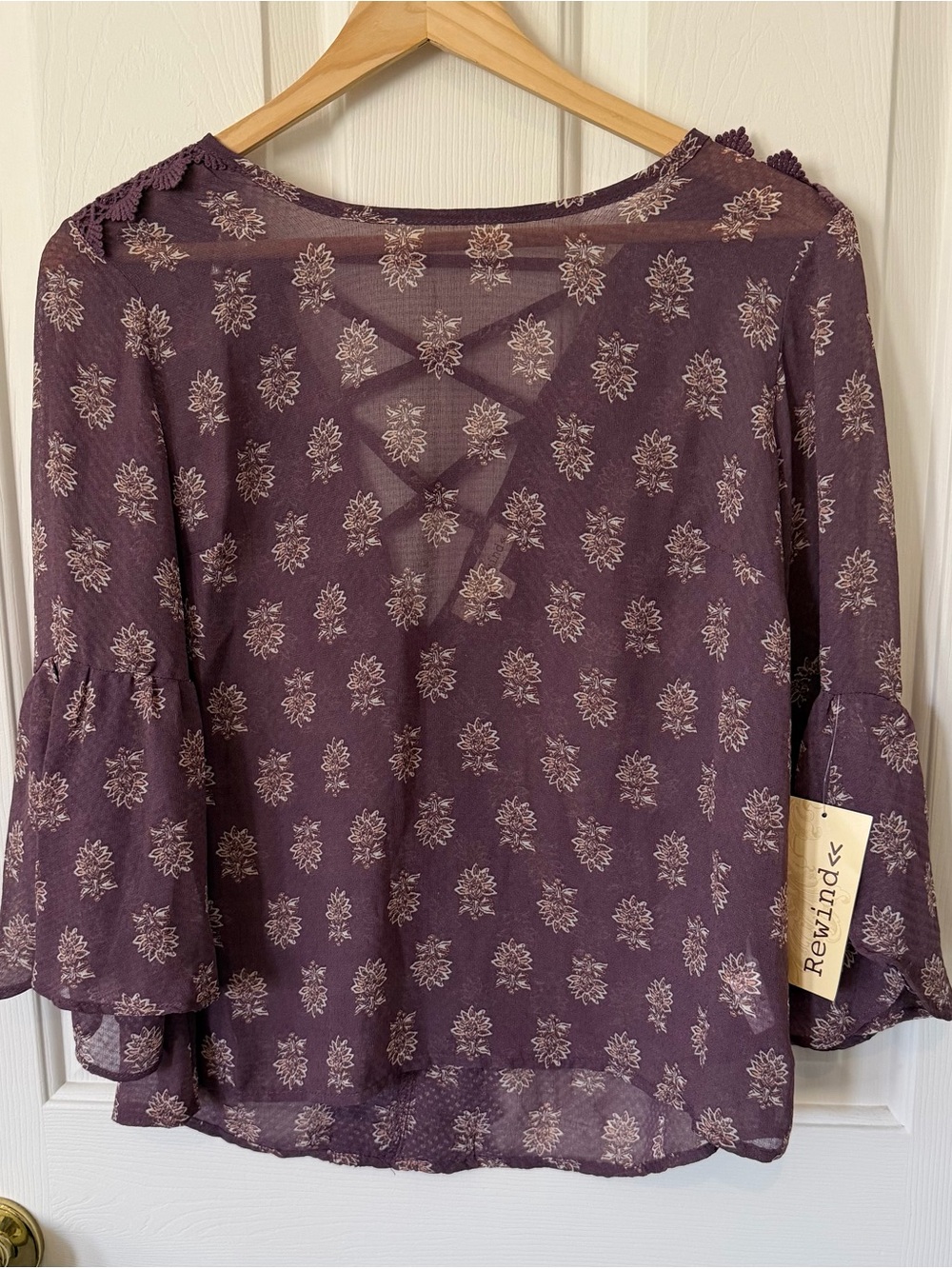 Rewind Plum Sheer Floral Bell-Sleeve Blouse